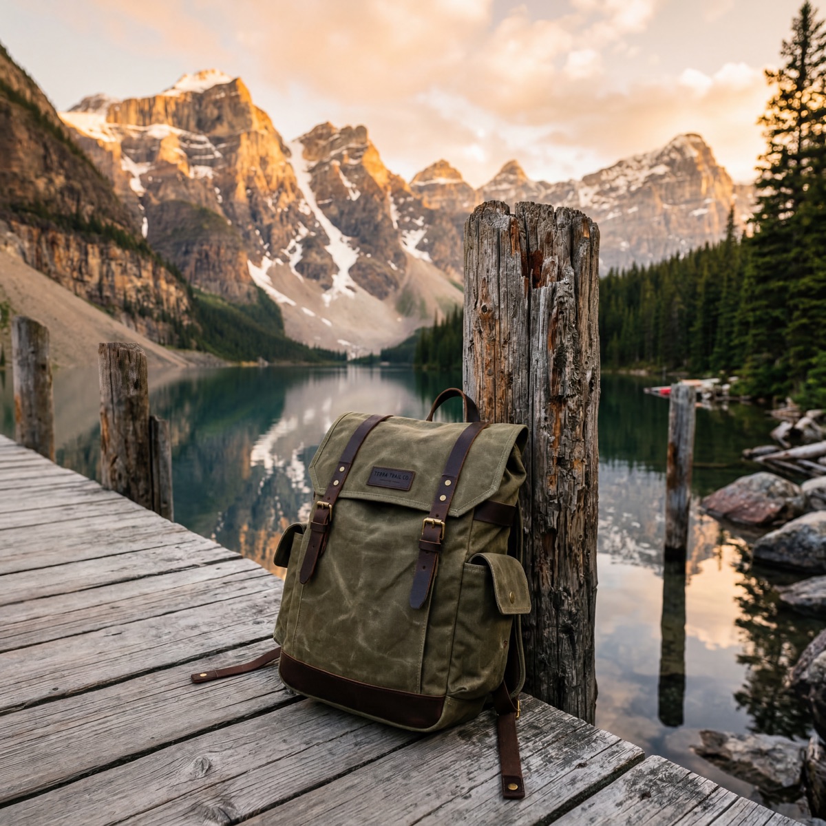 Canvas backpack at mountain lake — lifestyle product photography
