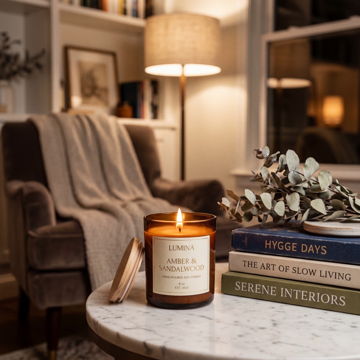 Scented candle in cozy home setting — lifestyle product photo
