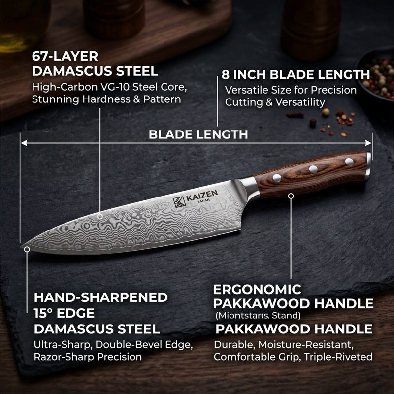 Kitchen knife infographic with feature callouts — Amazon product infographic example