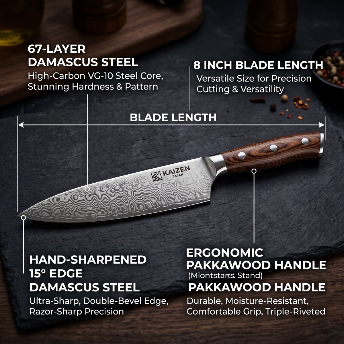 Chef's knife infographic with feature callouts — product image example