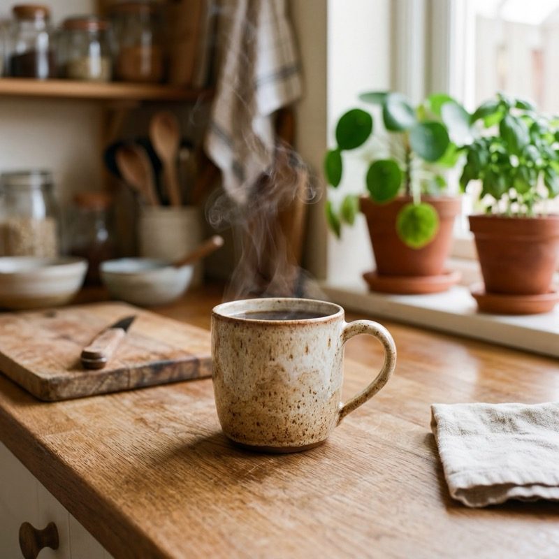 Coffee mug in cozy lifestyle setting — product photography for ecommerce