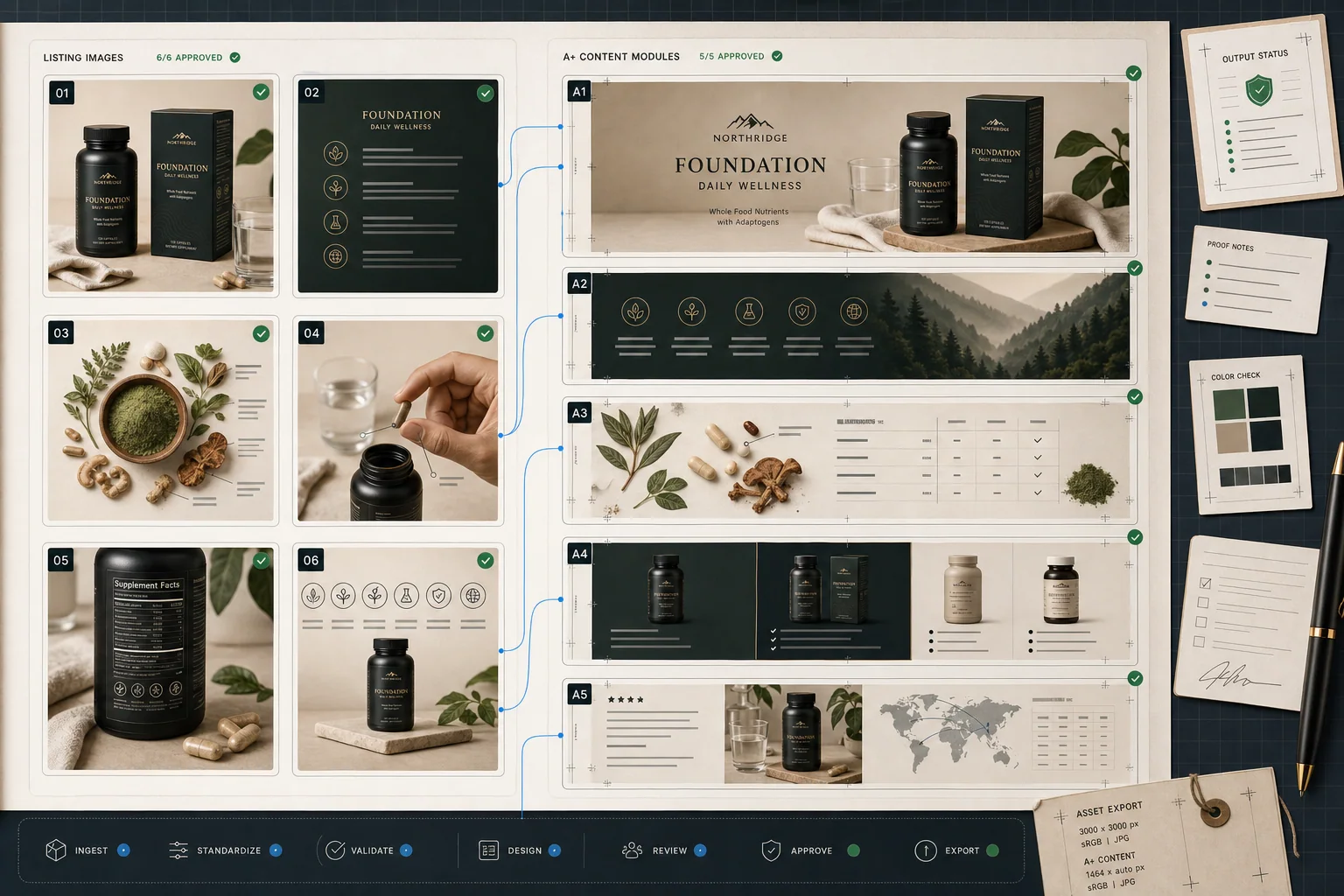 Listing gallery thumbnails and A+ Content module canvases planned from shared product proof