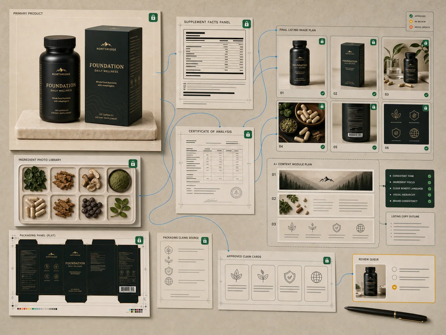 Supplement proof planning board with label panel, certificate crop, ingredient tray, and image set plan