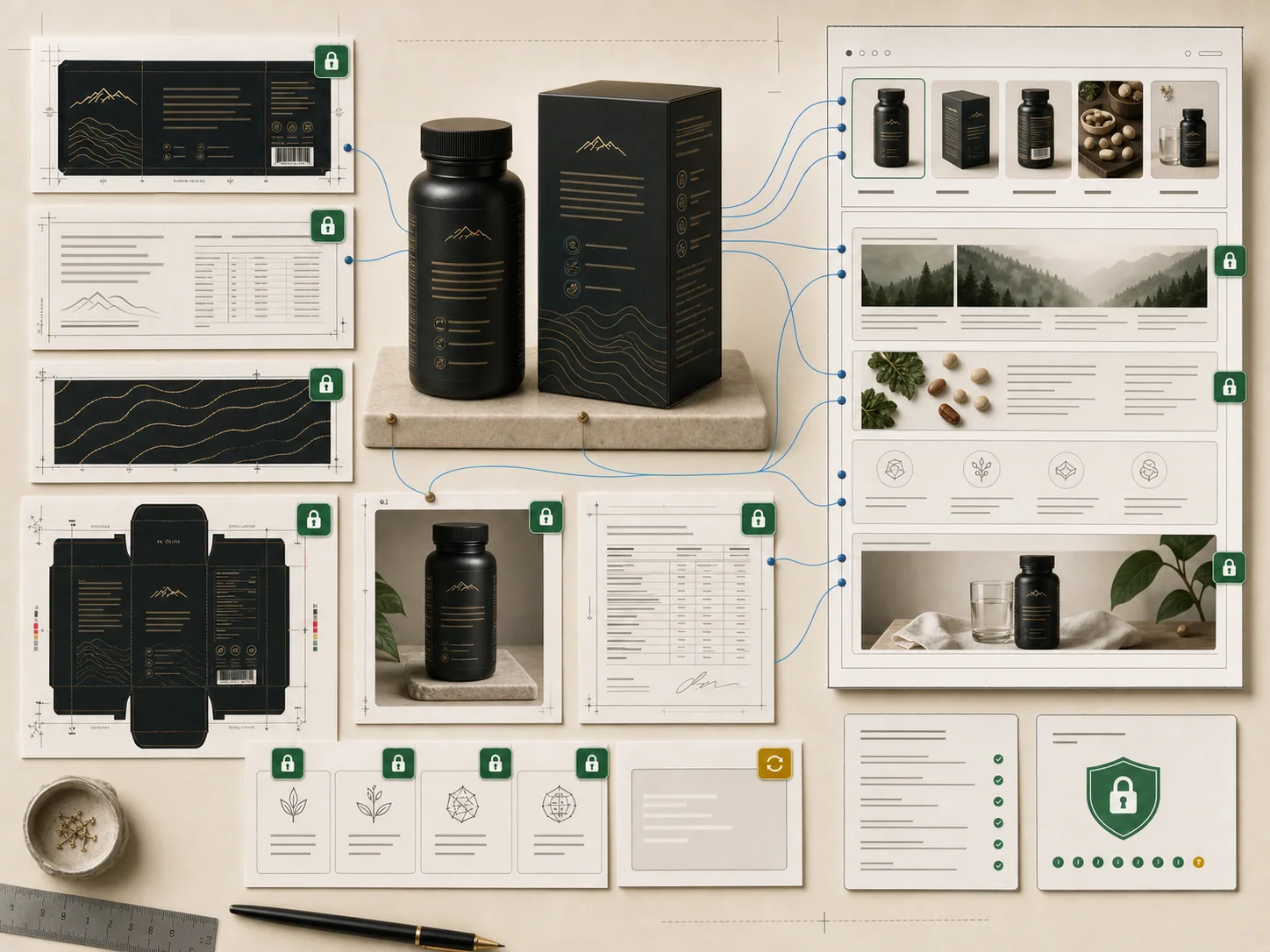 Proof asset board showing label scan, certificate, packaging panel, product photo, approved claims, and crop marks