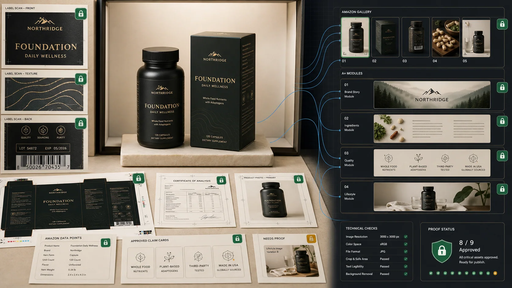 Proof studio table with product proof sources and Amazon image outputs