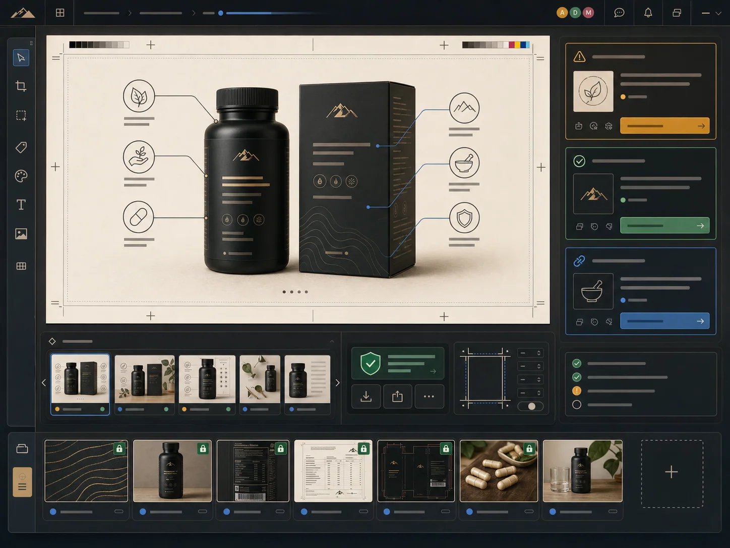 Review studio interface with product preview, proof states, version thumbnails, and export checklist