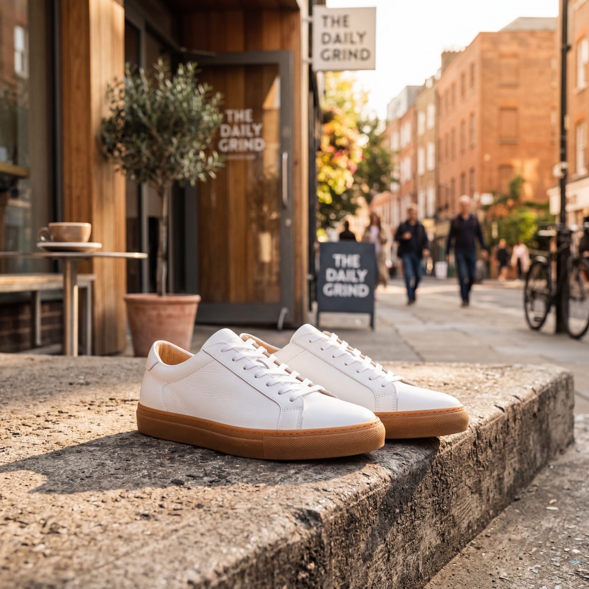 Leather Sneakers — Leather sneakers lifestyle photo in urban street setting