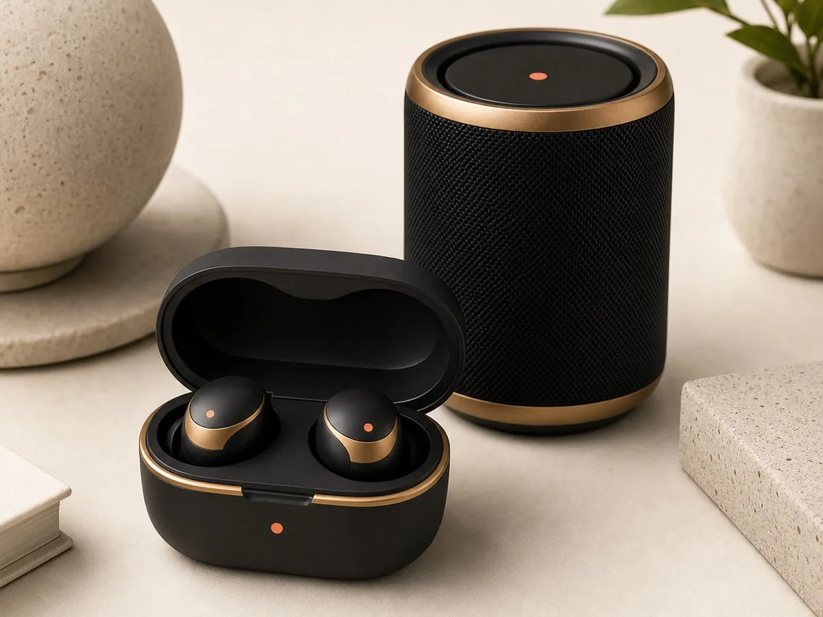 Premium earbuds and speaker product photo