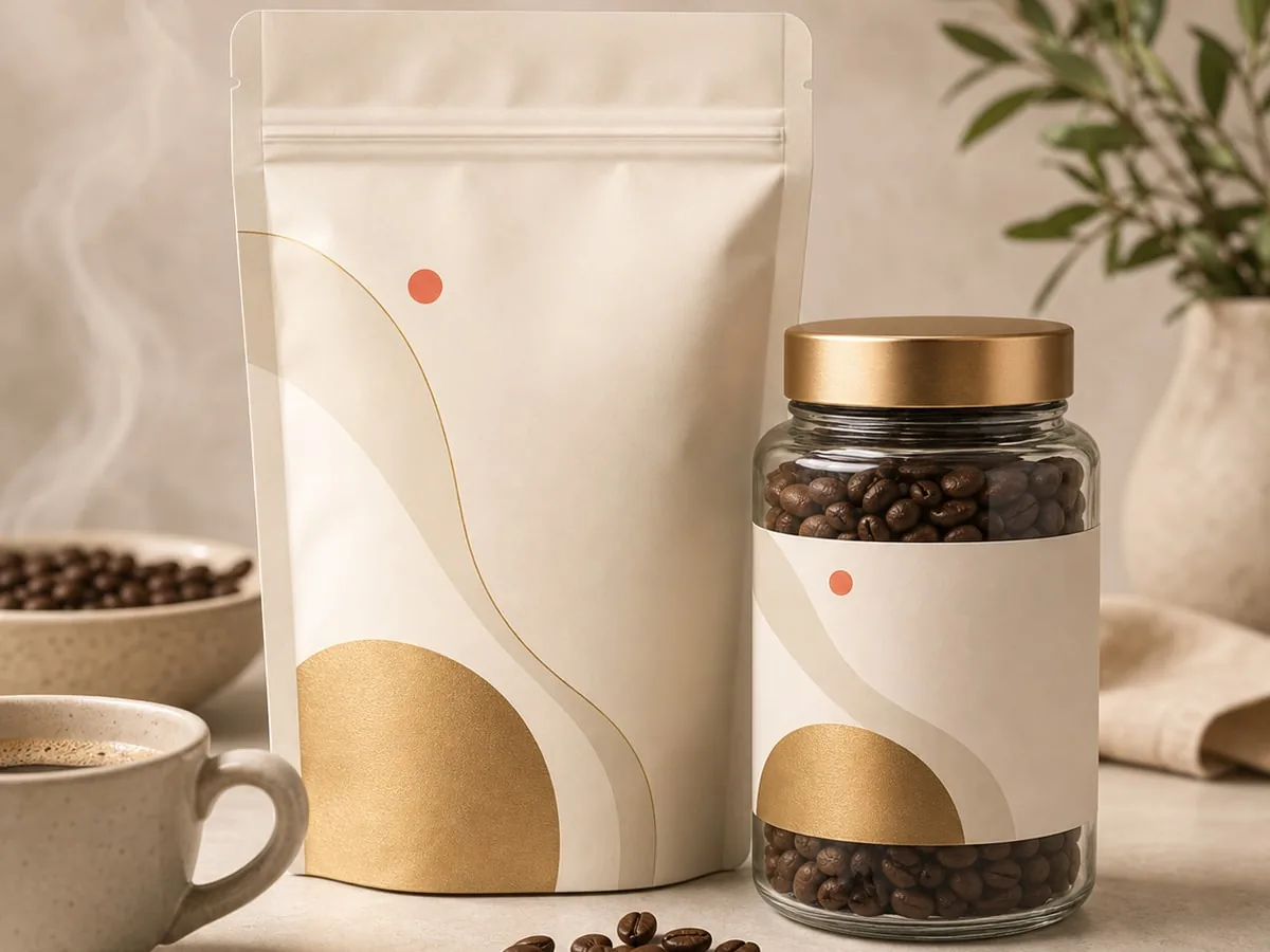 Premium coffee pouch and jar product photo
