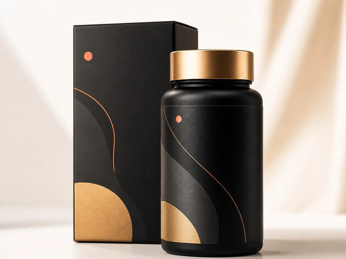 Premium supplement bottle and package product photo