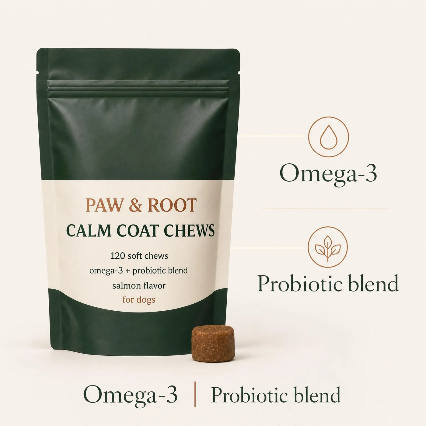 Paw and Root Calm Coat Chews ingredients image generated in ProdVue